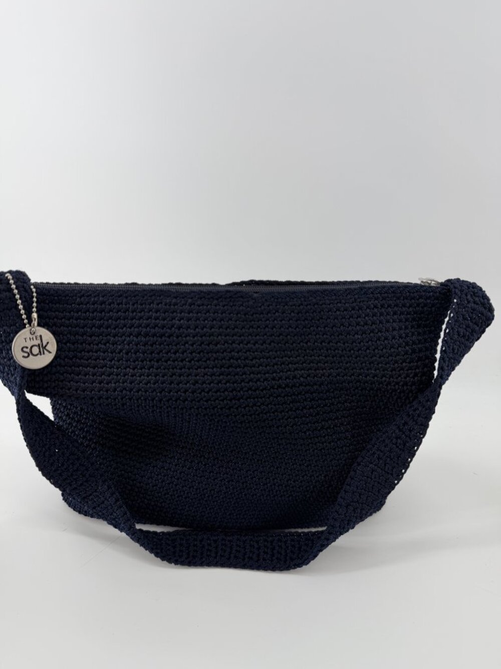 The Sak Navy Crochet Shoulder Bag Zip Closure Inner Pockets Silver Hardware